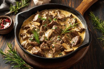 Meat and mushrooms. Dish of stir-fried beef fillet and mushrooms in a creamy thick sauce, served on an iron plate on a wooden board, close-up view. Gourmet food. Beef stroganoff large pieces. Stir Fry