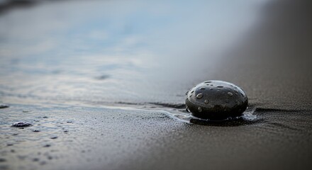 Wet smooth dark stone with water droplets on a black sand beach at the water's edge