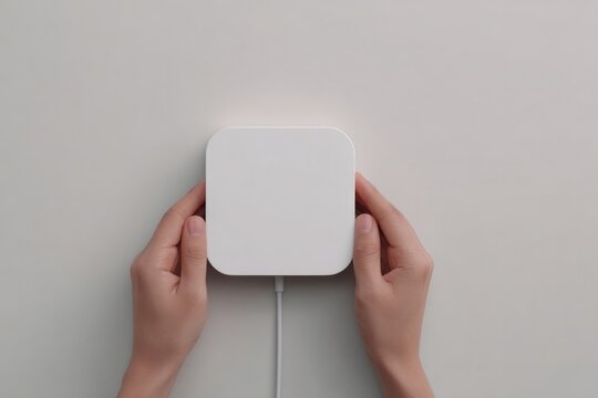 Minimalist design showcases hands holding sleek white device aga