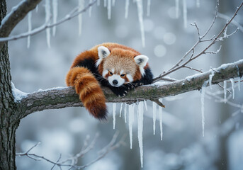 Red panda resting on snowy tree branch with icicles in winter forest