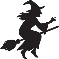Mysterious witch silhouette vector with hat and broom for magic, Halloween, and fantasy designs.