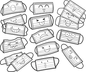 Cute and funny face masks in many expressions in black and white outline.