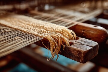 Close-up of a loom, beige thread being woven