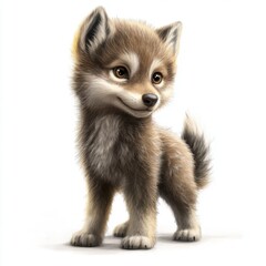 Fototapeta premium Adorable Fluffy Brown Wolf Pup Standing in a White Studio