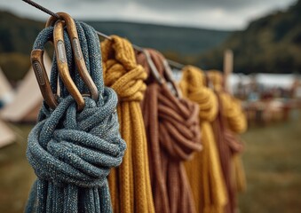 Colorful climbing ropes, knotted and hanging