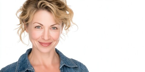 Naklejka premium Cheerful Woman with Curly Hair in Denim Jacket Against a White Background