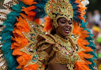 Cheerful Woman in Vibrant Orange and Teal Feathered Carnival Costume Laughing