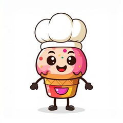 Obraz premium Cute ice cream cone character with a chef hat, a cheerful mascot logo for a sweet shop. Adorable pink dessert cartoon vector illustration isolated on a white background.