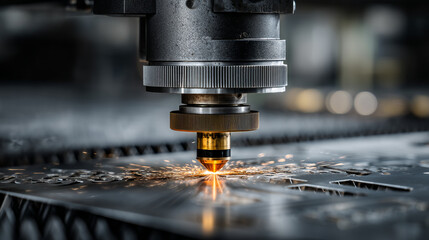 Close up of industrial laser cutting machine with sparks and metal plate