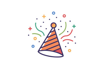 Party hat with confetti burst and ribbon swirl design