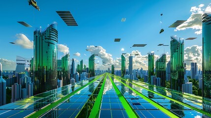 Fototapeta premium AI-automated city landscape with reflective towers, radiant green road lanes, sky-borne deliveries, and dynamic solar arrays.