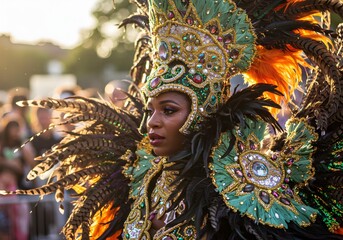 Beautiful Woman in Intricate Green and Gold Feathered Carnival Costume with Jewels