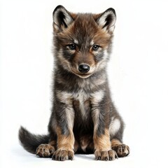 Fototapeta premium Portrait of a Sitting Wolf Cub with Detailed Fur on a White Background
