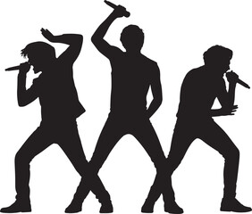 Silhouette Illustration of Three Performers with Microphones in Dynamic Poses