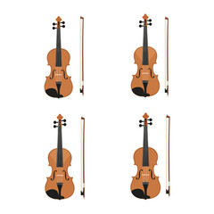 Four brown violins with bows isolated on white