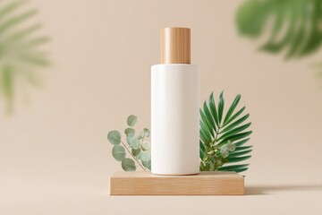 Minimalist design showcases elegant bottle with wooden cap, surr