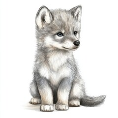 Obraz premium Portrait of a Charming Gray Wolf Cub Sitting on White Background