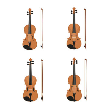 Four brown violins with bows isolated on white