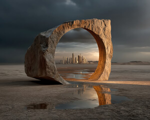 Hyper-realistic animation circular stone arch with reflective mirror in desert