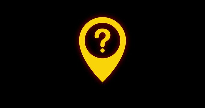 Animation of a glowing geolocation pin emerging from the bottom of the screen with a spinning yellow question mark icon on a black background