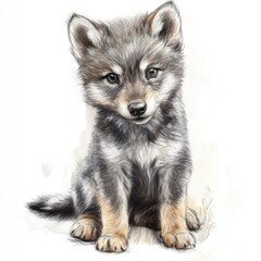 Fototapeta premium Adorable Wolf Cub Sitting Posing on a White Plain Background