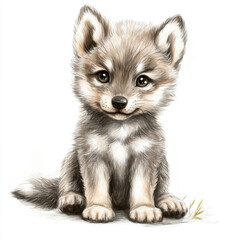 Obraz premium Adorable Wolf Cub Seated Looking at Camera with Soft Fur Detail