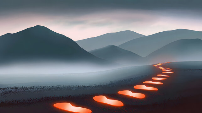 Glowing footprints ascending misty mountains, representing the challenging path of personal health journeys.