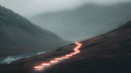 Glowing footprints ascending misty mountains, representing the challenging path of personal health journeys.