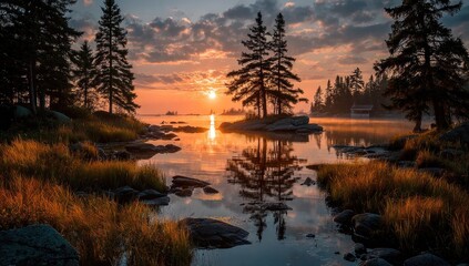 Obraz premium Calm lake sunrise, tranquil forest