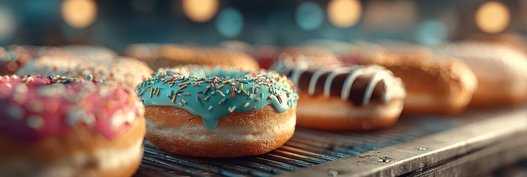 Colorful donuts with sprinkles arranged on a display rack at a lively bakery during the morning hours