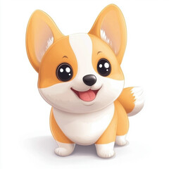 Cute Cartoon Corgi Puppy Dog with Big Eyes Stands Alertly