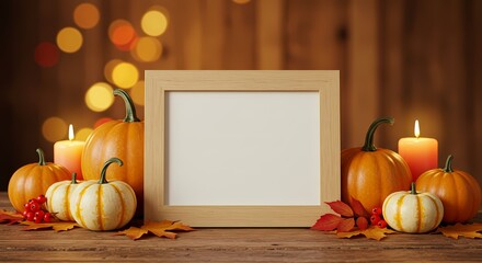 Autumn Background Thanksgiving Pumpkins Candles and Blank Frame