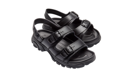 PNG black sandals with black leather straps on a transparent background