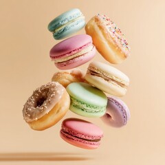 Colorful macarons and donuts on soft pastel backdrop.