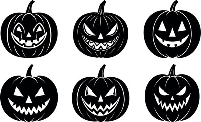 Six Halloween Pumpkin Silhouettes with Spooky Faces on a White Background