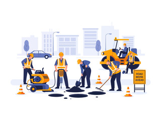 Roadwork Construction: A group of construction workers are hard at work repairing a road. The image shows machinery and tools for road construction. The scene captures the essential processes.