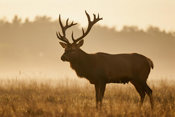 Obraz premium Majestic stag with large antlers standing in golden grassland enveloped by morning mist, soft sunlight filtering through fog with blurred tree silhouettes in background, serene and mystical wilderness
