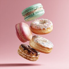 Colorful macarons and donuts on soft pastel backdrop.