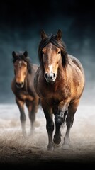 Horses walking gracefully through fog in a serene landscape during early morning light
