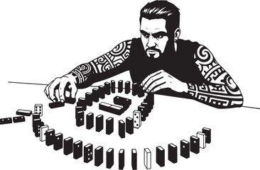 Fototapeta premium Intense tattooed man meticulously building a domino effect struc