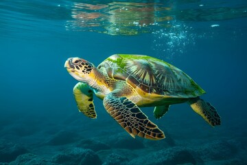 Fototapeta premium Green sea turtle swimming gracefully underwater in clear blue ocean