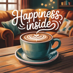 Teal coffee cup with latte art on wooden table in cozy room saucer