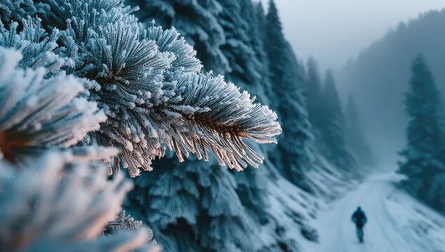 Iced pine branch in snowy forest