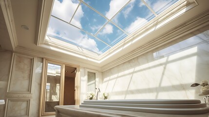 Obraz premium High-end bathroom skylight installation with glass ceiling frame and sunlight beaming onto marble walls, elegant simplicity mid-construction.