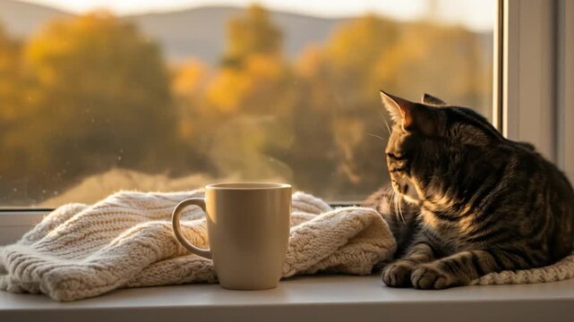 Cat relaxing by window with hot drink and cozy blanket