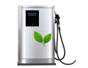 Modern Eco-Friendly Fuel Pump with Green Leaf Symbol, Front View, Isolated on Transparent Background