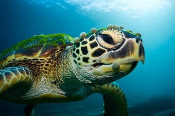 Fototapeta premium Close up of a majestic sea turtle swimming in clear blue ocean water