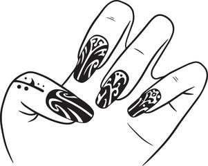 Elegant manicure featuring black tribal patterns on a hand, isol