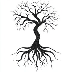 Detailed Silhouette of a Bare Tree with Roots and Branches on White