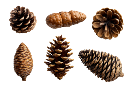Collection of six assorted pinecones showcasing diverse textures and shapes